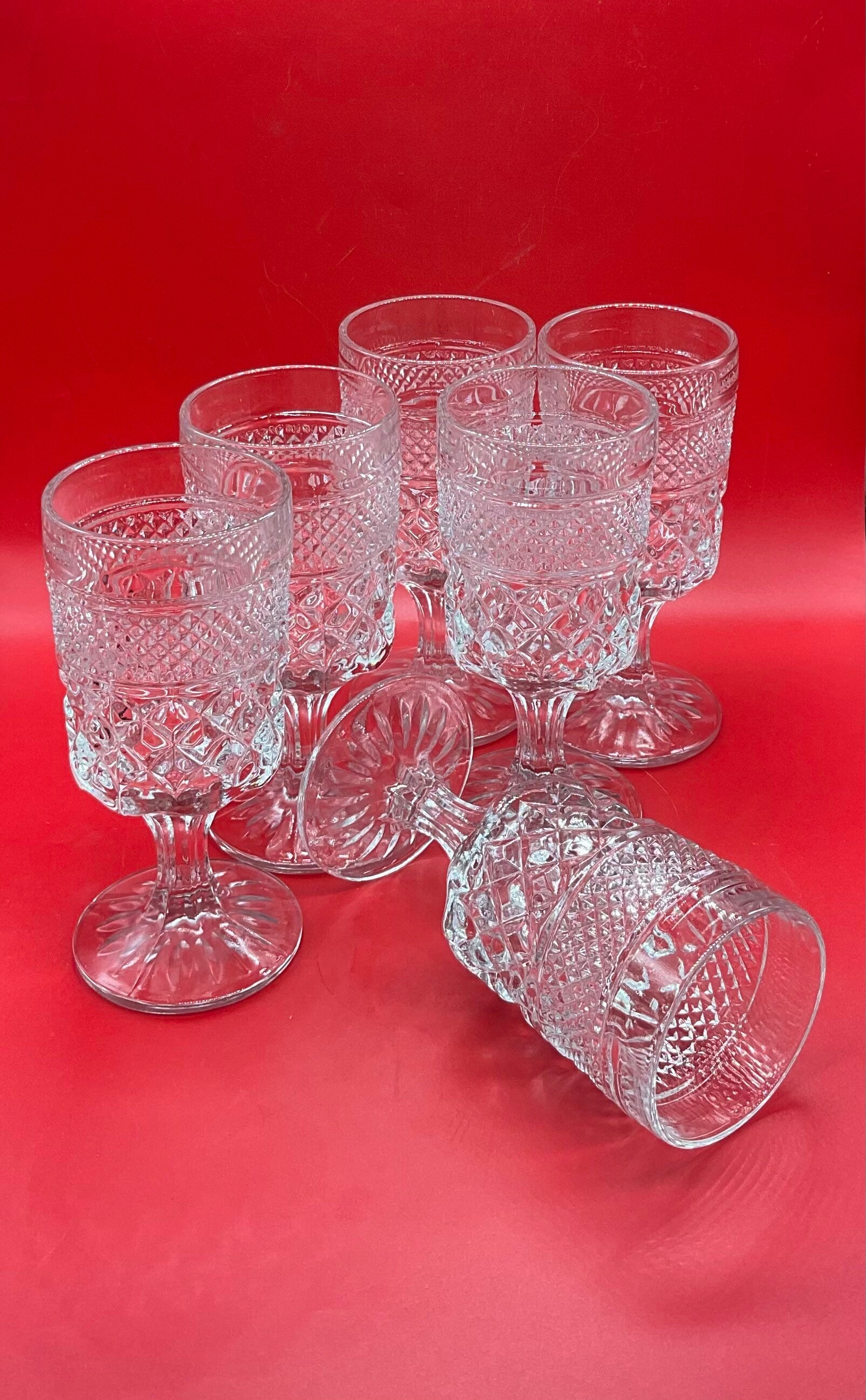 Vintage Set of 6 Wexford Water Goblets ,Clear Diamond Cut Crystal Glass 10 Oz. Goblets