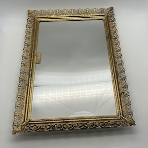 Antique Gold Finish Pierced Metal Rectangular Mirrored Vanity Tray