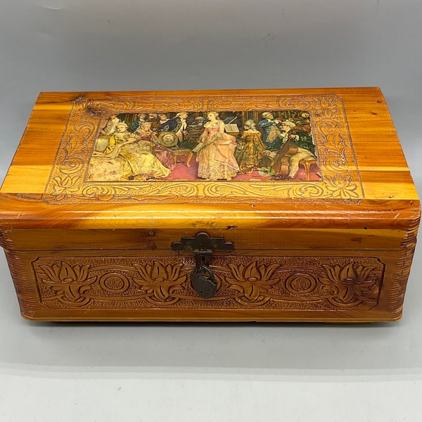 Vintage Carved Cedar Wood Mirrored Trinket Box