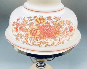 Vintage Hand Painted  Floral Milk Glass Electric Lamp with Hand Painted Glass Hurricane and  Clear Glass Hurricane
