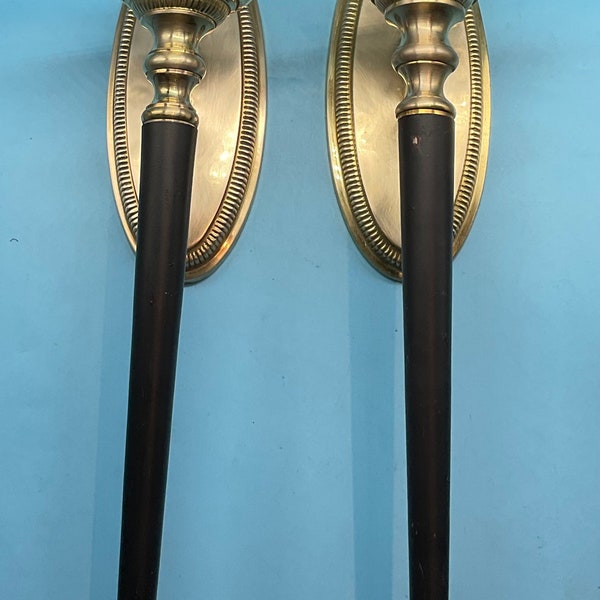 Vintage Solid Brass Gold and Black Pair of Wall Sconces Candlestick Holders