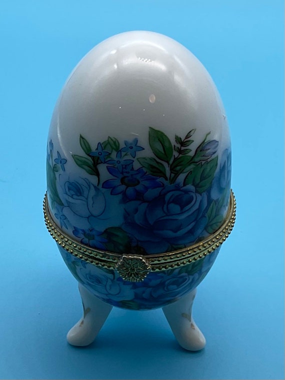 Victorian Bone China Egg Shaped Blue Roses Footed… - image 1