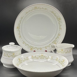 Vintage Towne House Platinum Regal 3090 Fine China 2 Serving Bowls,Creamer and Covered Sugar Bowl-