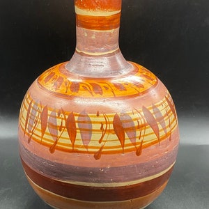 Vintage Hand Painted Bulbous Shape Mexican Jug Pottery Vessel