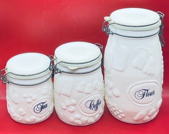 Vintage White Milk Glass Set / Flour ,Coffee and Tea Canisters Jars Country Orchard Fruit Pattern
