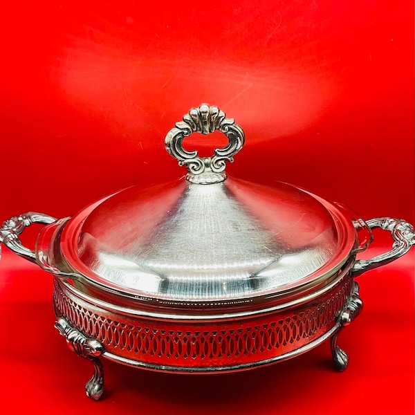 Vintage Silverplated Serving Dish with 2 Qt Anchor Hocking Fire King Glass Bowl
