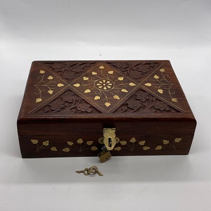 Vintage Hand Carved Wooden Trinket Box with Gold Flowers and Red Velvet Interior