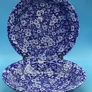 Vintage Set of 2 Blue Calico Floral Round Serving Bowls Unmarked