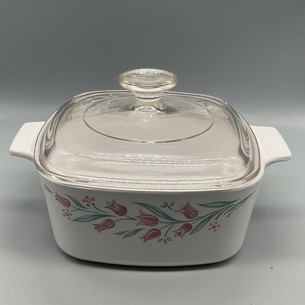 Vintage Corning Ware Rosemarie Pink Tulip Pattern Casserole Dish A-1 1/2-B 1 1/2 L with Pyrex Lid