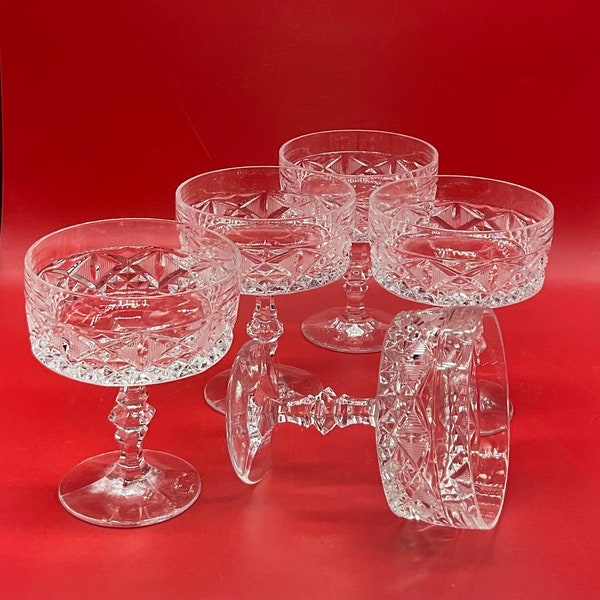 Vintage Clear Diamond Cut Crystal Set of 5  Champagne Coupe Glasses