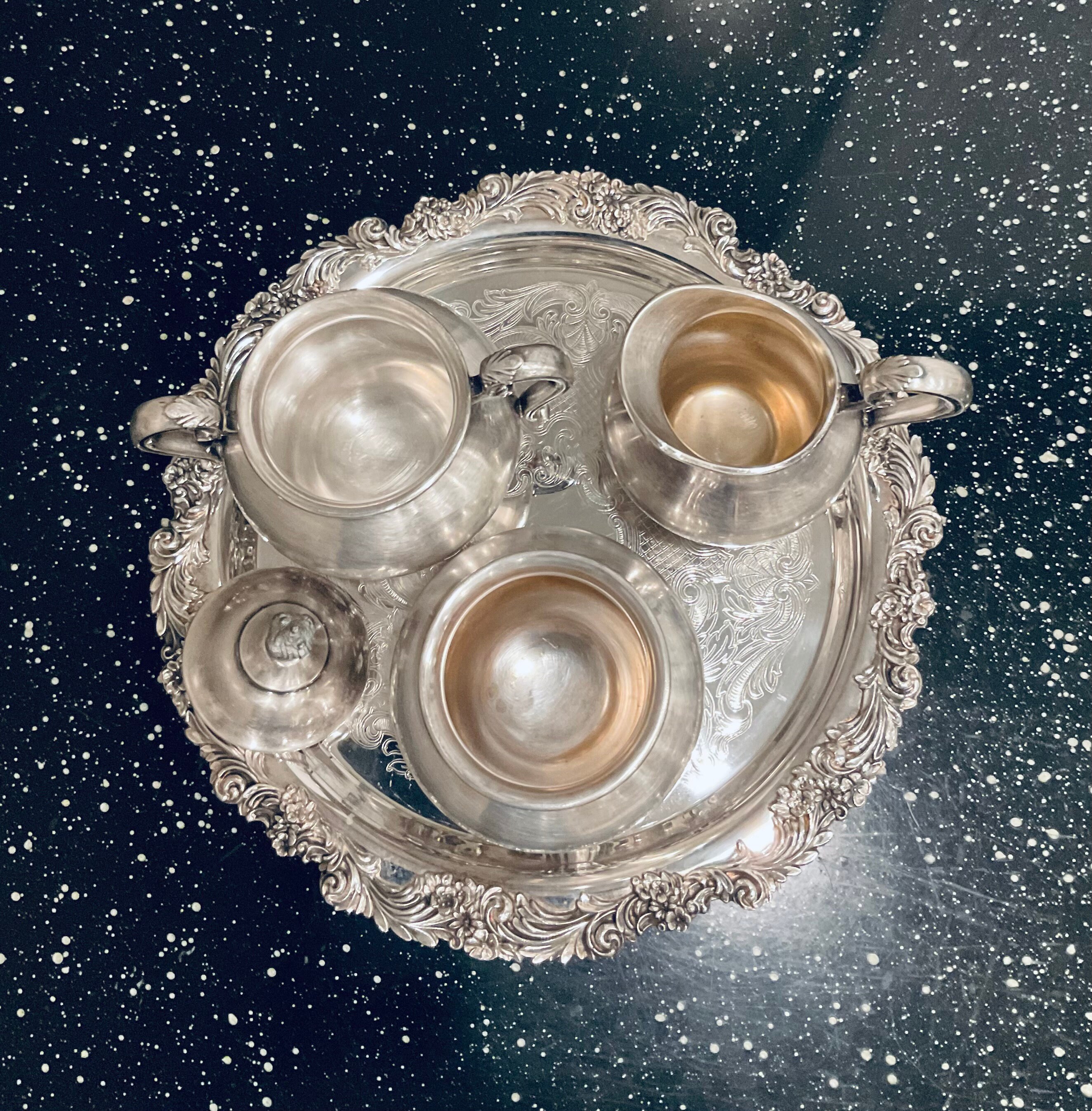 Vintage Reed and Barton Silver Plated 4 Piece Set/ Round Tray the