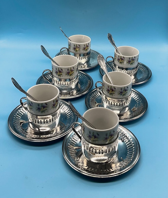Vintage Veracruz Porcelain & Bellini Silverplate Set of 6 Espresso