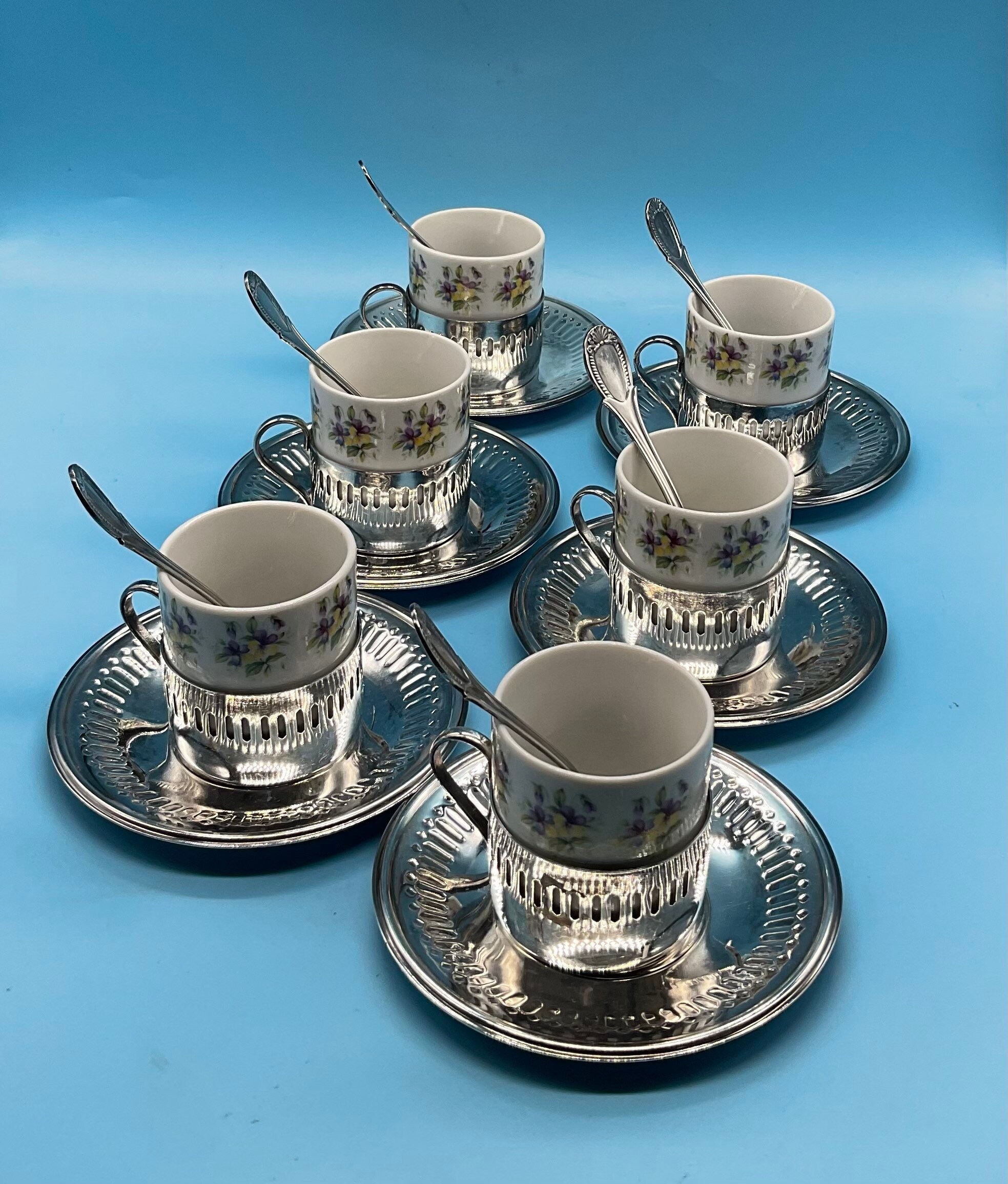 コリンシアン バルデラマ　リベリ　セスク・ファブレガスセット Vintage Veracruz Porcelain & Bellini Silverplate Set of 6 Espresso
