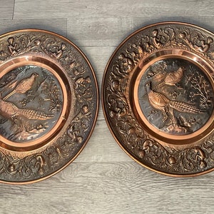 2 Vintage  Round Embossed Hammered Copper Wall Art Decor / Design with Pair of  Pheasants