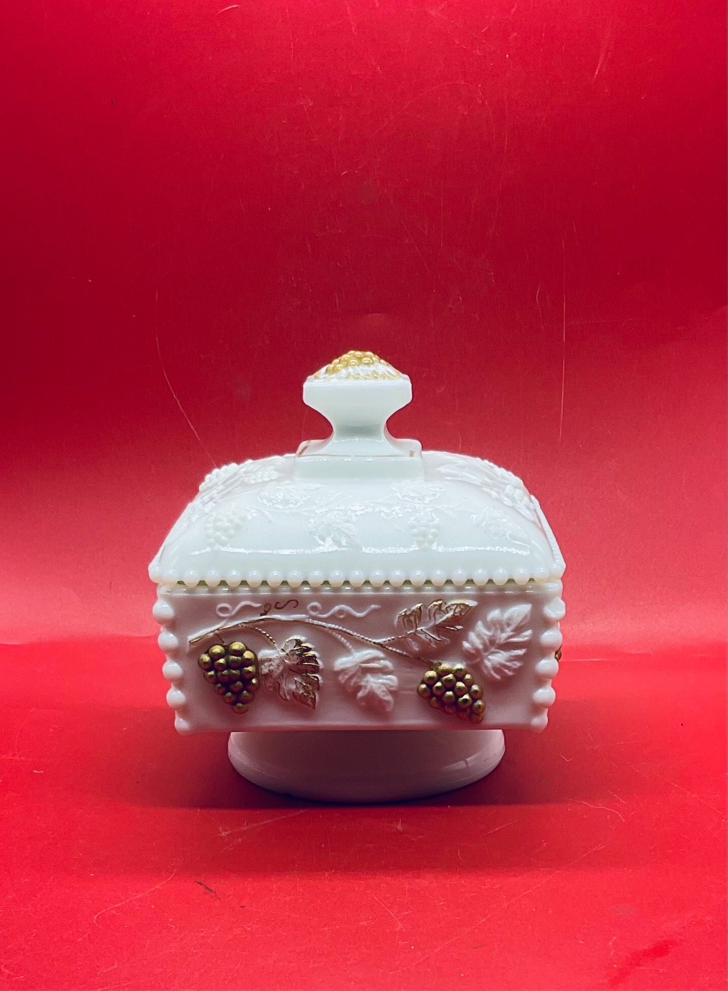 Vintage Authentic Westmoreland Milk Glass Gold Grape Covered Dish