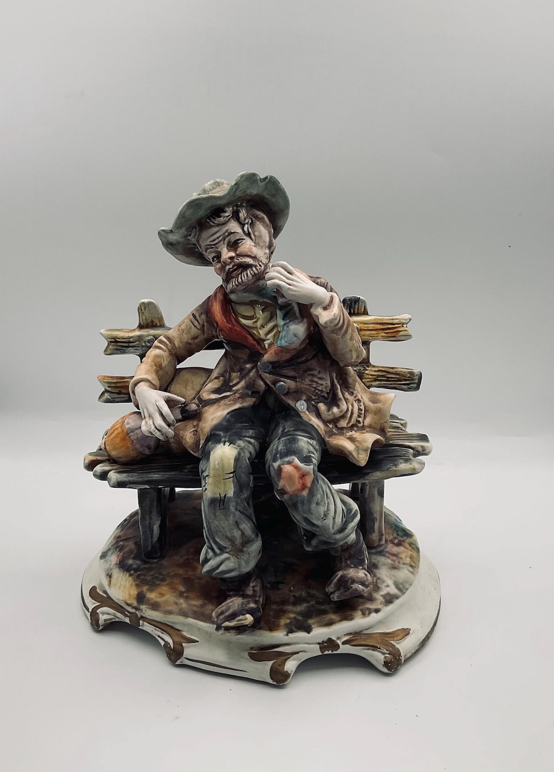 Vintage Capodimonte Made in Italy Hobo Sitting on the Bench Large