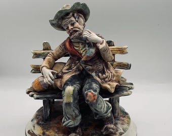 Vintage Capodimonte Made in Italy Hobo Sitting on the Bench Large