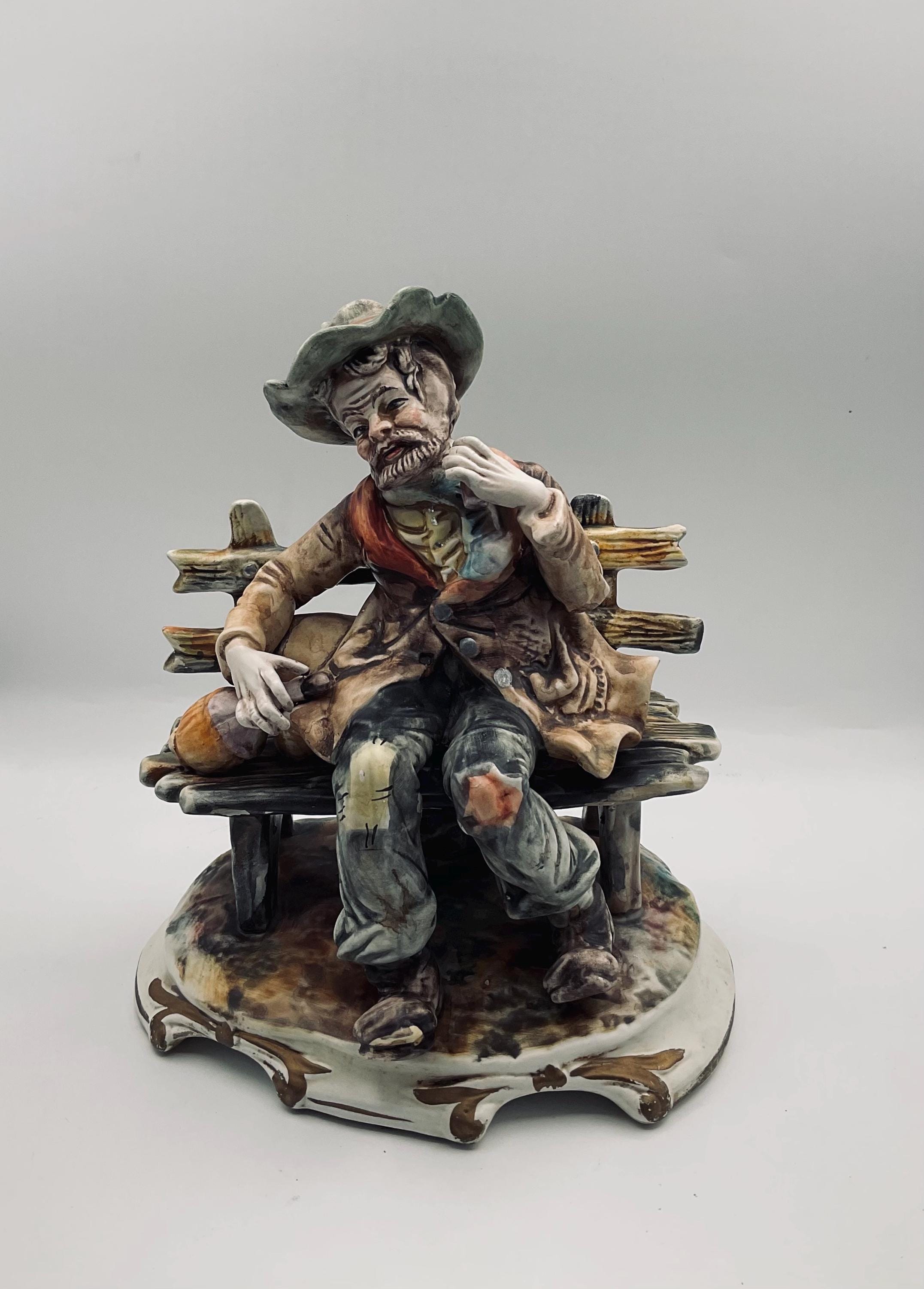 Vintage Capodimonte Made in Italy Hobo Sitting on the Bench Large