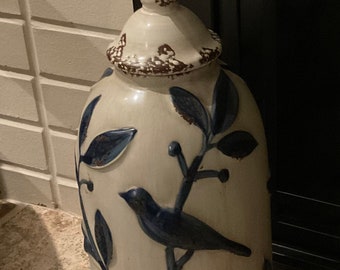 Vintage Ironstone /Ceramic Urn /Vase with Beautiful Blue Tree Branches and Birds Embossed