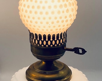 Vintage White Milk Glass 3 Ways Electric Lamp with White Milk Glass Hurricane