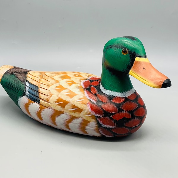 Vintage Hand Carved an Hand Painted Wooden Mallard Decoy Duck with Glass Eyes