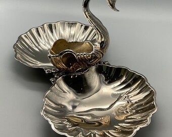 Vintage French Silver Plated Swan Toothpick Holder and Double See Shell Appetizer Tray