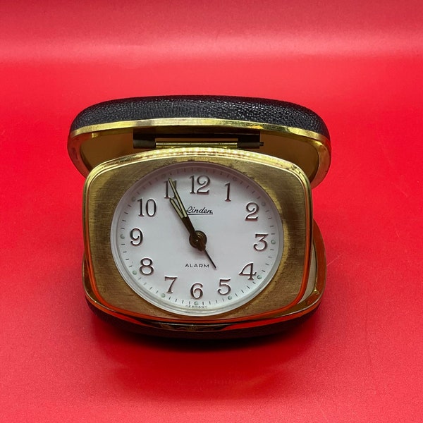 Vintage Linden Germany Rectangular Alarm Travel Clock (Gold ) with Black Leather Case