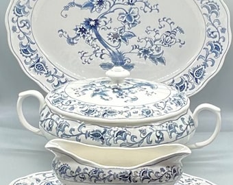 Vintage Nikko Ming Tree Double Phoenix Blue and White Floral Covered Serving Tureen ,Large and Small Platters  and Gravy Boat ( 4 Pieces)