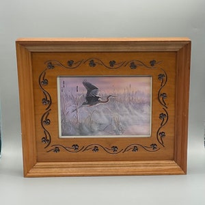 Vintage &quot;Misty Marsh&quot; von Wilhelm Goebel, The Statuesque Great Blue Heron in a hand carved Wooden Wall Hanging Frame