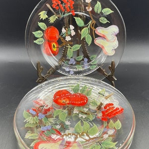 Vintage Hand Painted Fruits Clear Glass Set of 5 Salad Plates