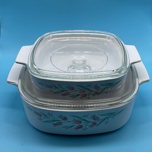 Vintage Corning Ware,Rosemarie Set of 2 Casserole Dishes /A-2-B 2 L Casserole Dish and A-1-B 1 L Casserole Dish with Pyrex Lids