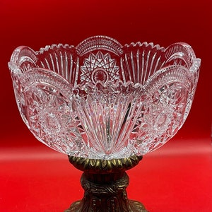 Vintage Clear Crystal Bowl with Bronze Pedestal / Crystal Centerpiece