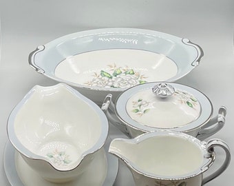 Vintage Harmony House “Sheraton”Fine Bone China Oval Serving Bowl,Gravy Boat,Creamer and Covered Sugar Bowl
