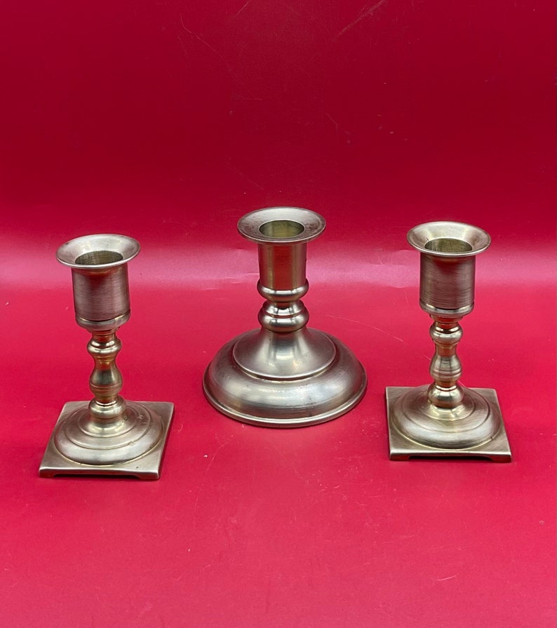 Vintage Solid Brass Set of 3 Candlestick Holders/ One Round Base ...