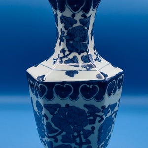 Vintage Blue and White Floral Hexagonal Porcelain 12” Vase