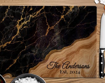 Personalized Black Marble Glass Cutting Board, Custom Charcuterie Board