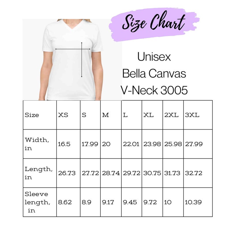 Op de afbeelding: Maattabel voor unisex Bella Canvas V-Neck 3005 T-shirts. De tabel toont de afmetingen in inches voor breedte, lengte en mouwlengte voor maten XS tot 3XL.