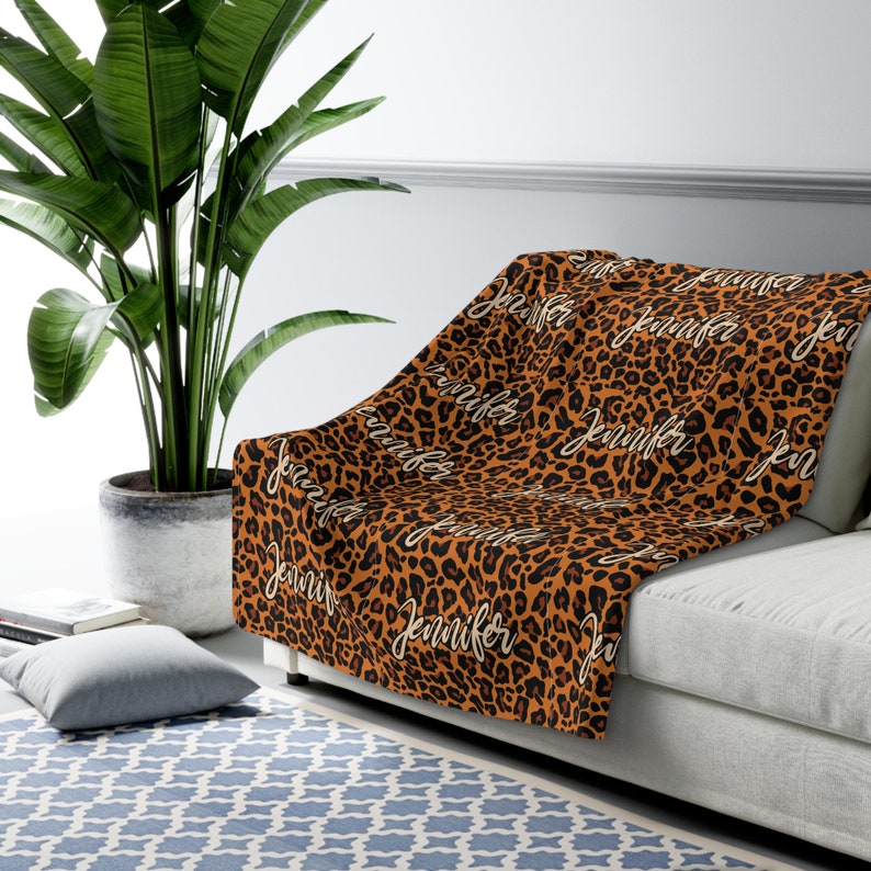 Personalized Sherpa Fleece Blanket Leopard Print Plush Blanket Thick Sherpa Name Blanket Sherpa