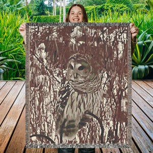Owl Decor Nature Decor Rustic Woven Blanket Farmhouse Decor Home Decor Woven Blanket Barred Owl Tapestry Gift for Nature Lovers Forestcore