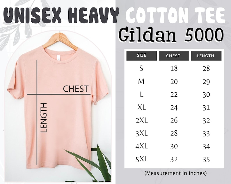Op de afbeelding: Een maattabel voor een unisex zwaar katoenen Gildan 5000 T-shirt. De tabel toont de borst- en lengtemaat in inches voor maten S tot en met 5XL.