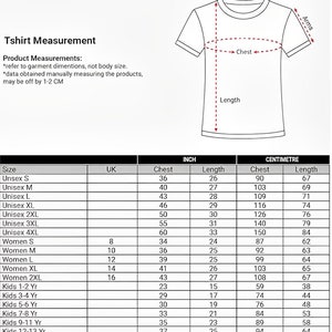 Puede incluir: Una camiseta blanca con detalles de medidas. La tabla muestra las medidas de pecho y largo en pulgadas y cent&iacute;metros para varias tallas, incluyendo tallas Unisex, de Mujer y de Ni&ntilde;os. El texto dice "Tshirt Measurement".