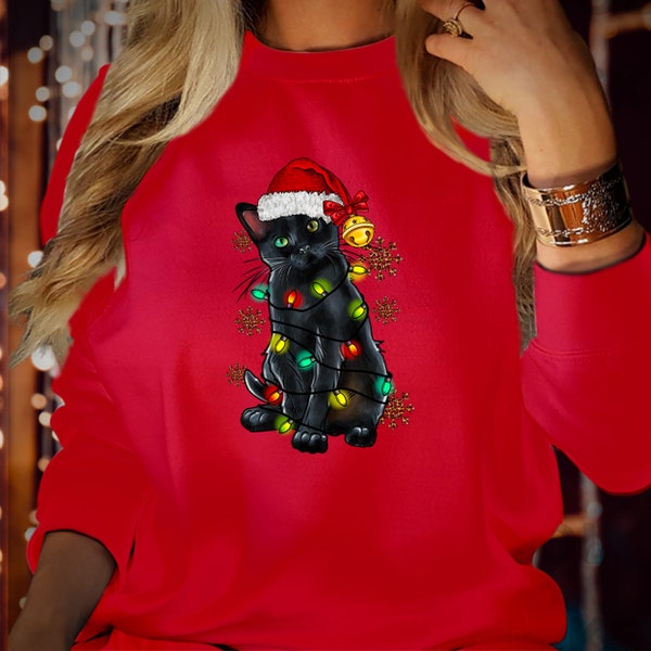 SWEATSHIRT (5251) BLACK CAT Santa Hat Christmas Lights Jumper Funny Family Holiday Outfit Cat Lovers Xmas Sweatshirts