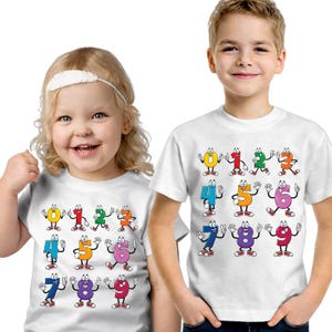 May include: Two children wearing white t-shirts featuring cartoon numbers. Each number is personified with a face, arms, and legs. The numbers are arranged in rows on the shirts. The children are smiling.