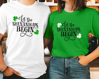 Camiseta "Que empiecen las travesuras", divertida camiseta del Día de San Patricio, regalo para pareja de tréboles irlandeses T-305