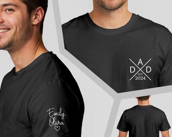 Gepersonaliseerde vader-T-shirt, kindernamen op mouw, Vaderdagcadeau T-2432