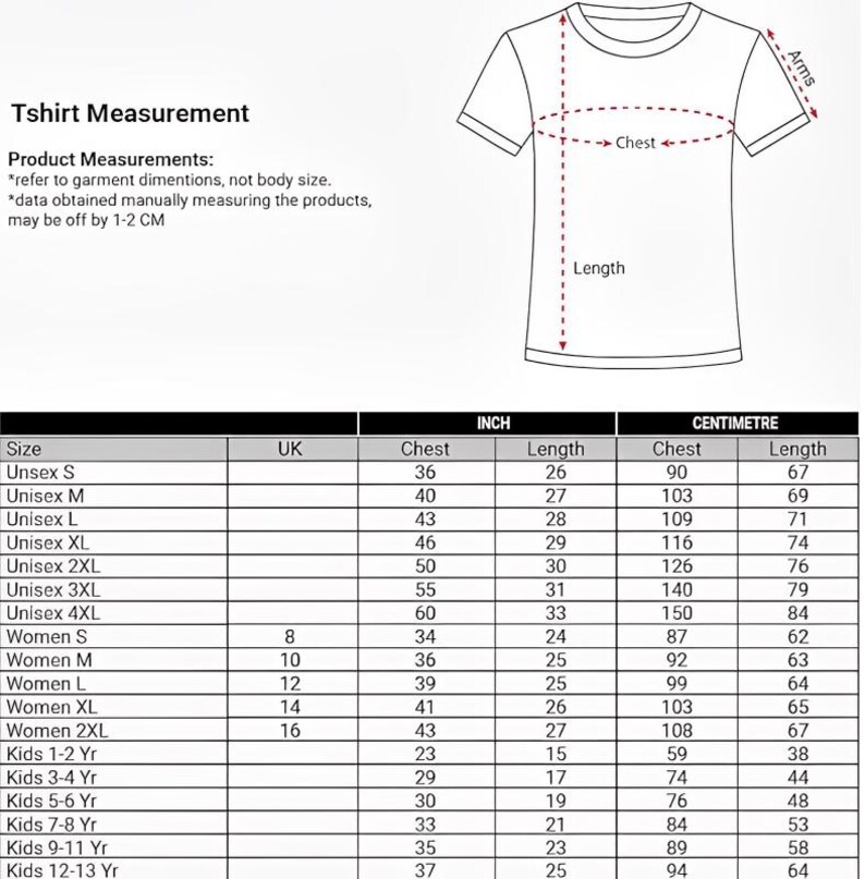 May include: A black and white t-shirt size chart featuring a line drawing of a t-shirt with dashed arrows indicating chest, length, and arm measurements. A table below lists garment dimensions in inches and centimeters for unisex, women, and kids.