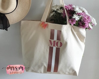 Personalisierte Tasche mit Monogramm | Initialen + Streifen | Shopper | Canvas | Bio-Baumwolle | Tasche | Einkaufstasche | Shopping Bag