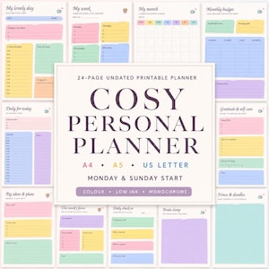 May include: A 24-page undated printable personal planner set featuring various pastel-colored templates for daily, weekly, and monthly tracking, budget management, and notes. The central text reads COSY PERSONAL PLANNER, A4, A5, US LETTER.