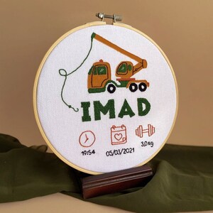 Baby Birth Announcement, Custom Name Embroidery, Truck Embroidery Design, Painted Embroidery, Toy Truck, Embroidery For Baby Boy