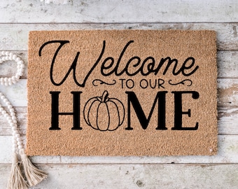 Fall Home Decor Pumpkin cute outdoor front porch welcome door mat, gift for new home, gift for mom, - Falling leaves doormat -9041